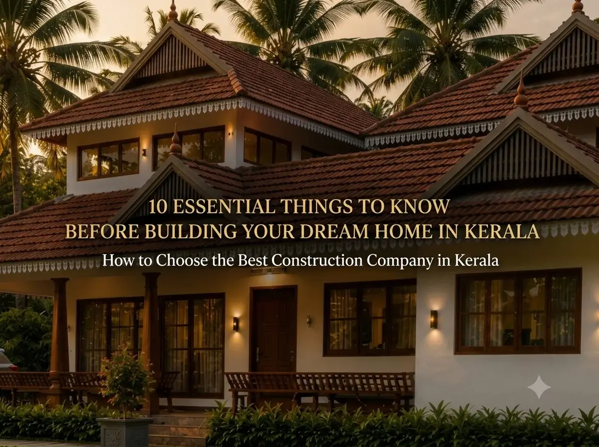 Modern contemporary house under construction in Kerala with reinforced concrete structure, workers, and lush green surroundings