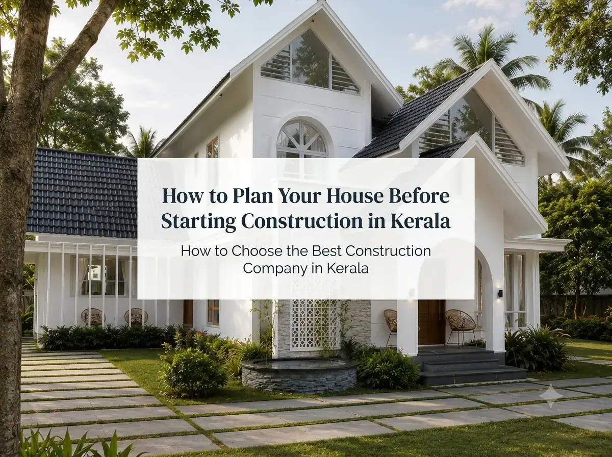 Architect discussing a modern house plan with a homeowner at a construction site in Kerala.