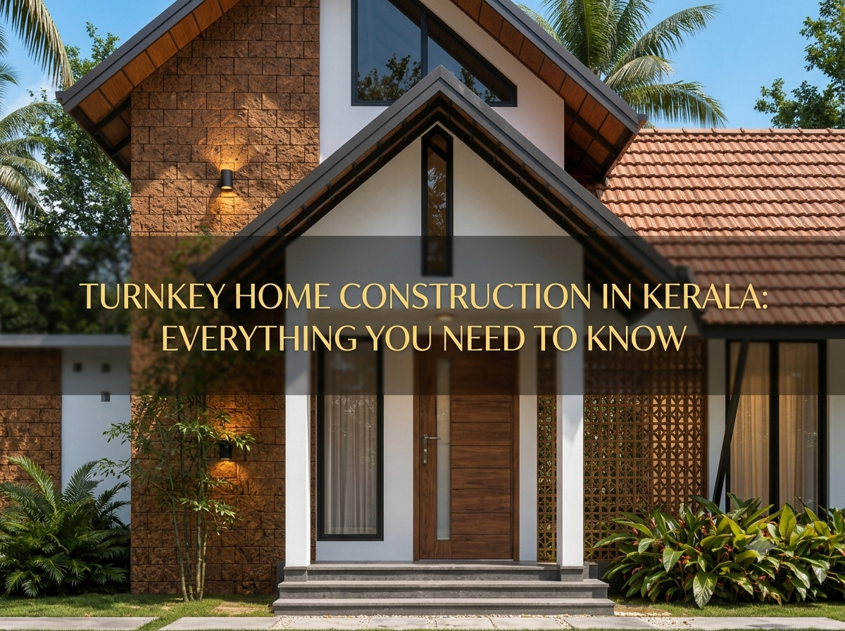 Modern luxury home under turnkey construction in Kerala with architects and engineers reviewing architectural plans at the construction site.