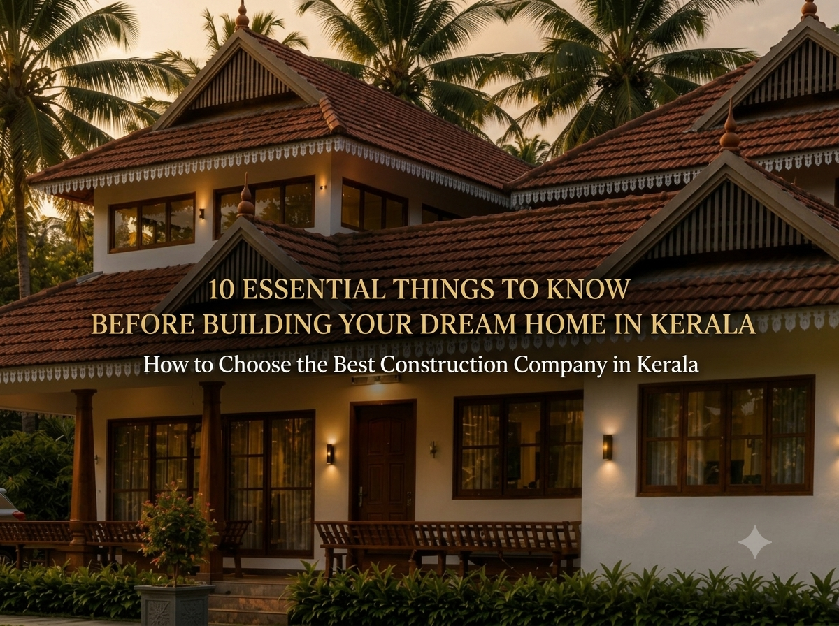 Modern contemporary house under construction in Kerala with reinforced concrete structure, workers, and lush green surroundings